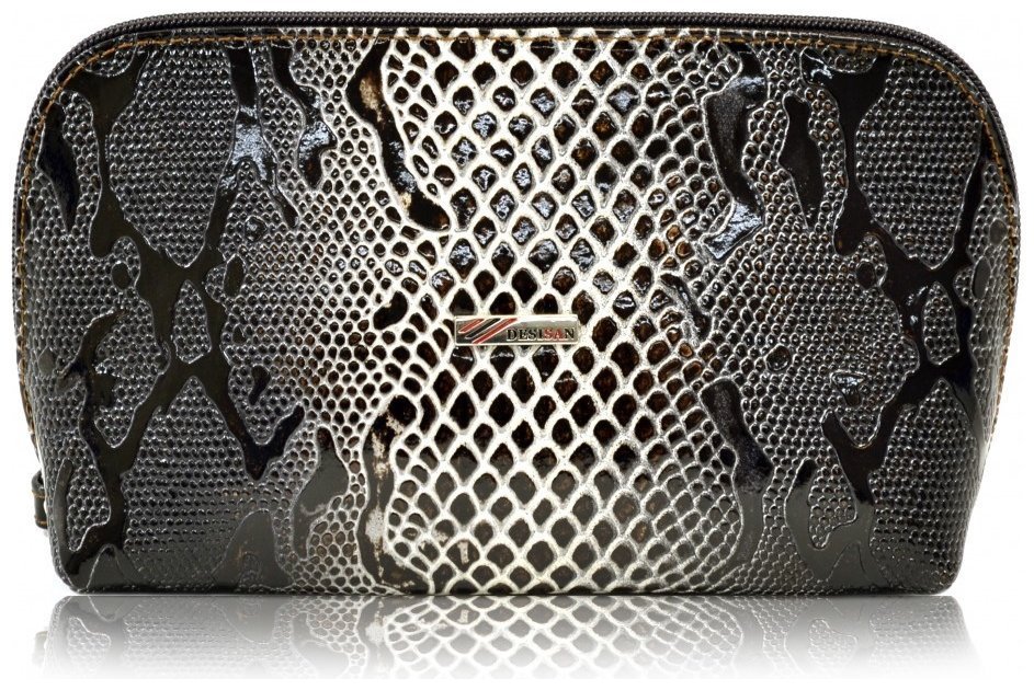 Женская черно-бежевая косметичка из лаковой кожи под змею Desisan 81361 modnotak фото №1
