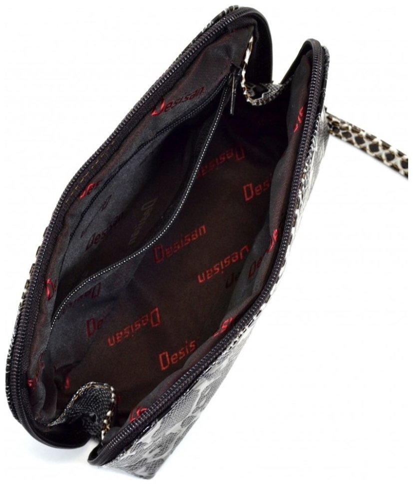 Женская черно-бежевая косметичка из лаковой кожи под змею Desisan 81361 modnotak фото №2