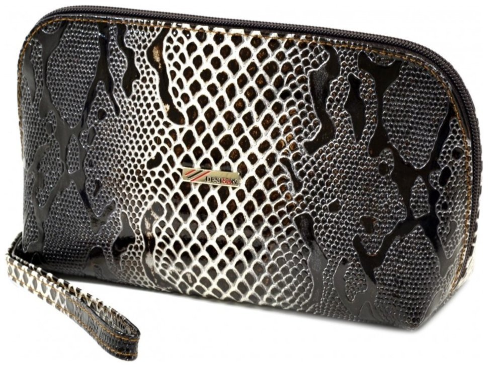 Женская черно-бежевая косметичка из лаковой кожи под змею Desisan 81361 modnotak фото №3