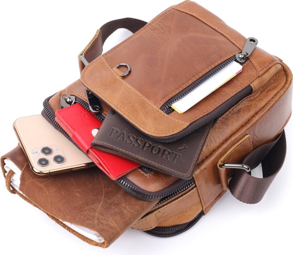 Світло-коричнева чоловіча сумка-барсетка з натуральної шкіри на дві блискавки Vintage (20827)