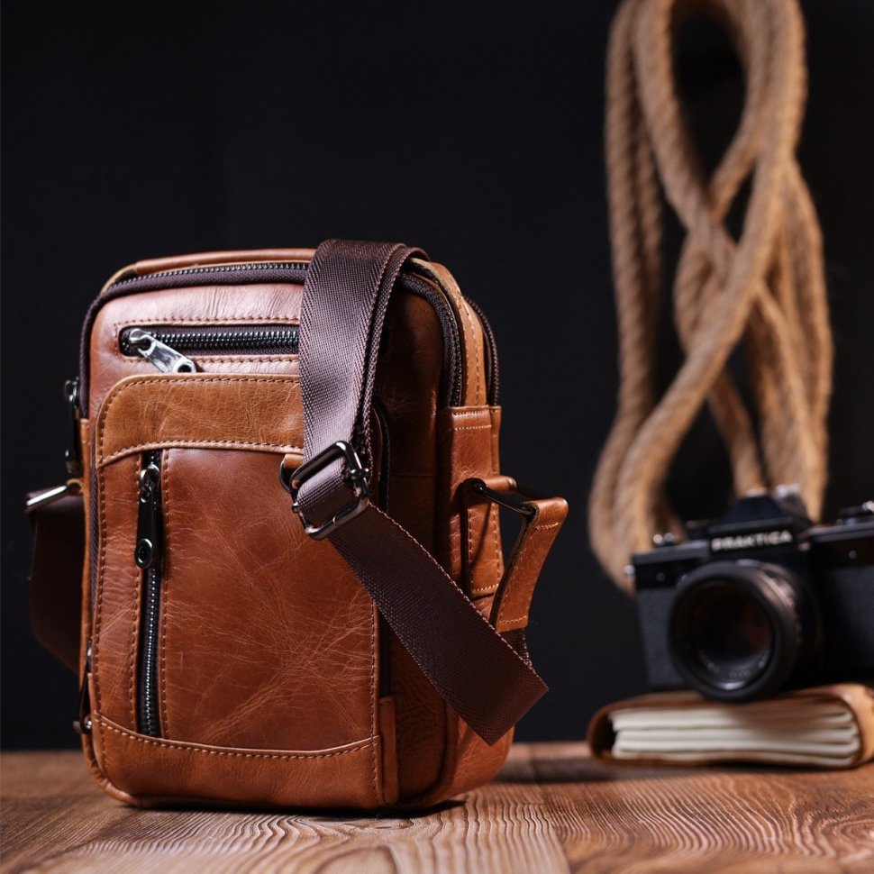 Светло-коричневая мужская сумка-барсетка из натуральной кожи на две молнии Vintage (20827)