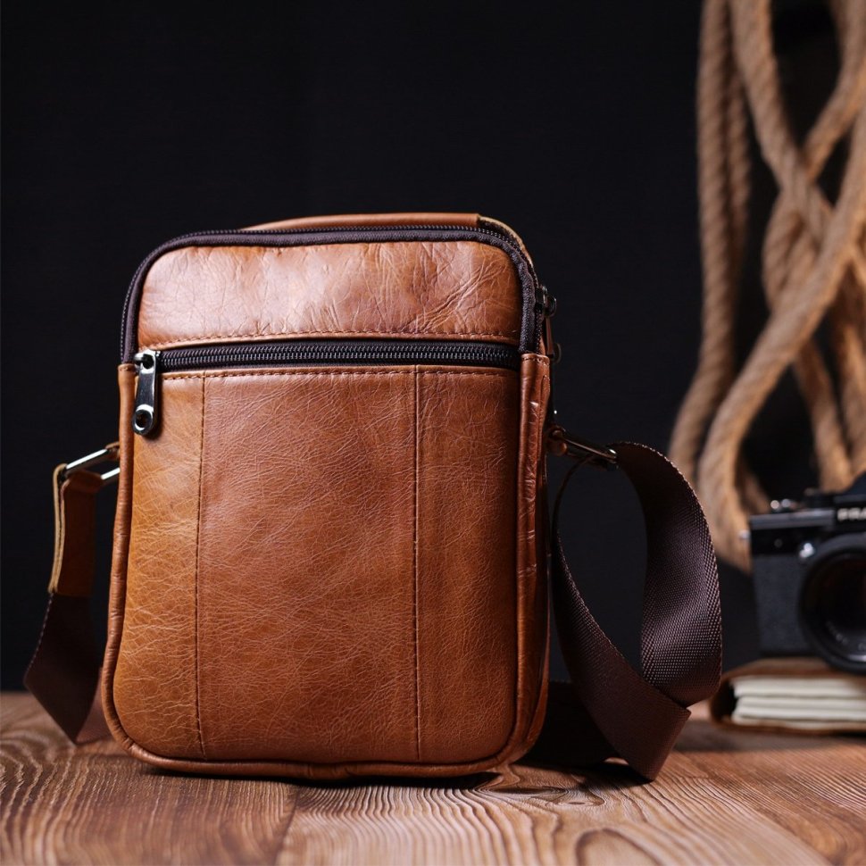 Світло-коричнева чоловіча сумка-барсетка з натуральної шкіри на дві блискавки Vintage (20827)