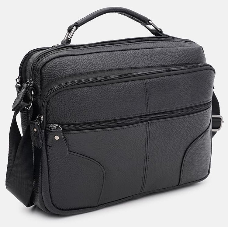 Мужская черная сумка-портфель из фактурной кожи на два отделения Keizer 71661
