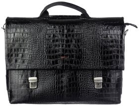 Діловий чоловічий портфель із натуральної шкіри чорного кольору з фактурою шкіри крокодила Desisan 81761