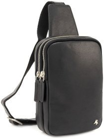 Чоловіча якісна сумка-слінг із гладкої шкіри чорного кольору на дві блискавки Visconti 81961