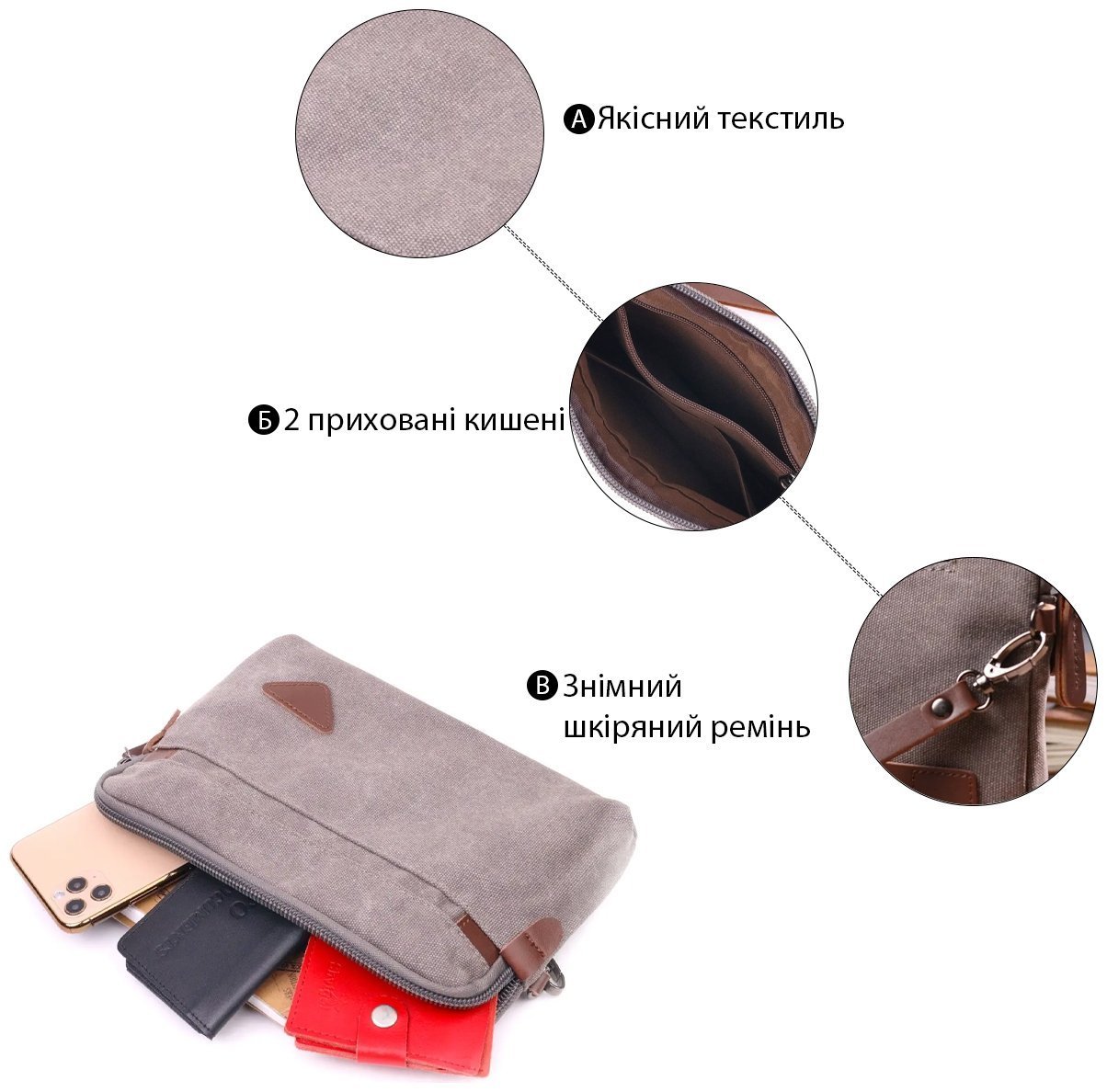 vintage atelier Серый мужской клатч из текстиля с запястным ремешком Vintage