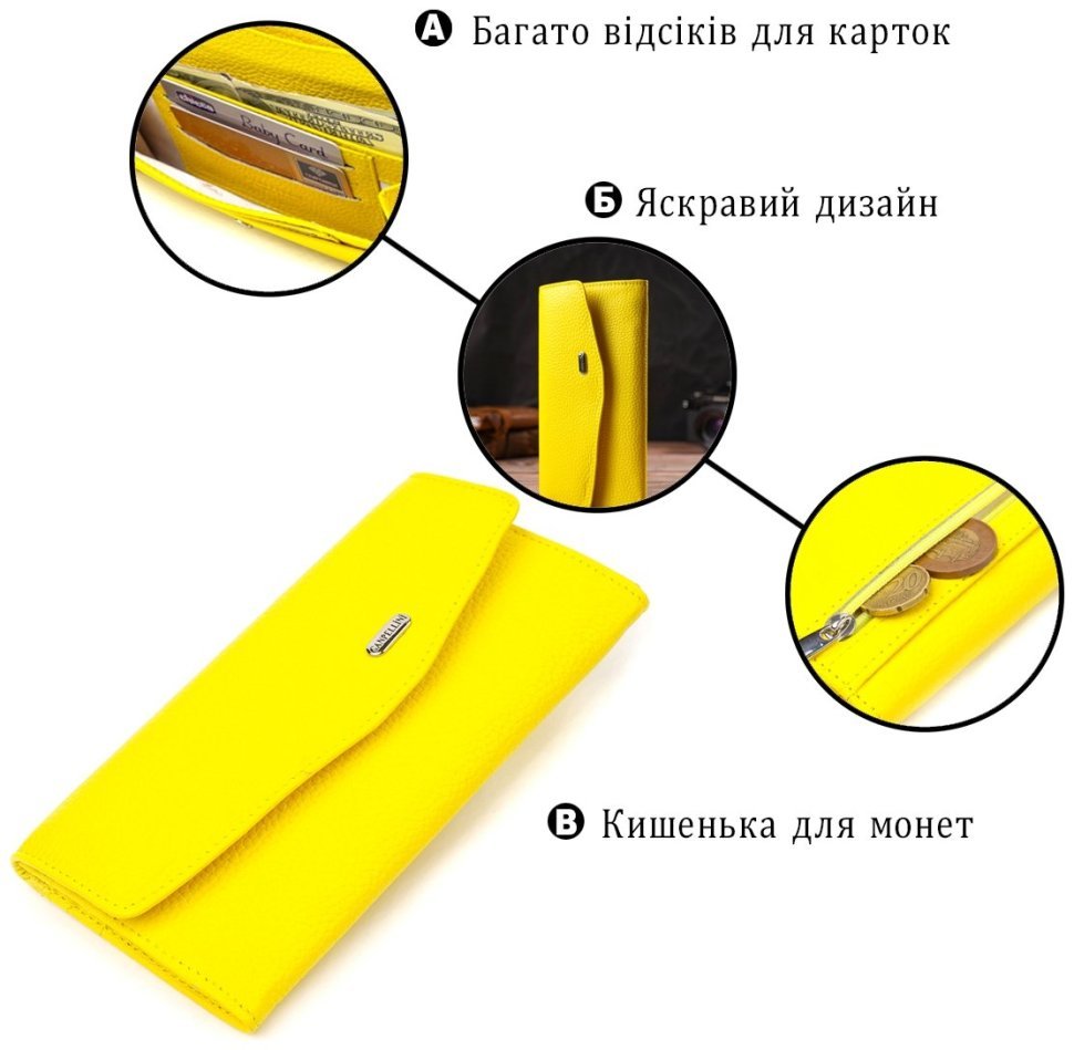 Жовтий жіночий гаманець із натуральної шкіри флотар із клапаном CANPELLINI (2421697) modnotak фото №10