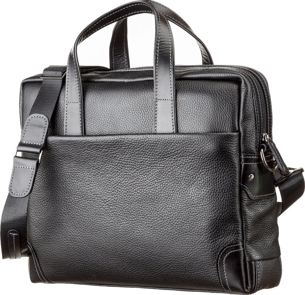 Черная мужская сумка для ноутбука из фактурной кожи на молниевой застежке SHVIGEL (11110)