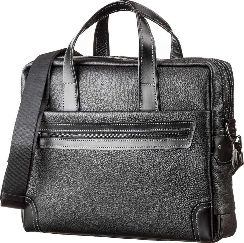Чорна чоловіча сумка для ноутбука з фактурної шкіри на блискавковій застібці SHVIGEL (11110)