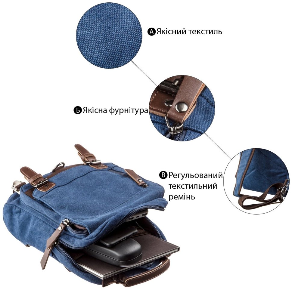 Модная текстильная сумка-рюкзак синего цвета на одно плечо Vintage (20139) modnotak фото №8