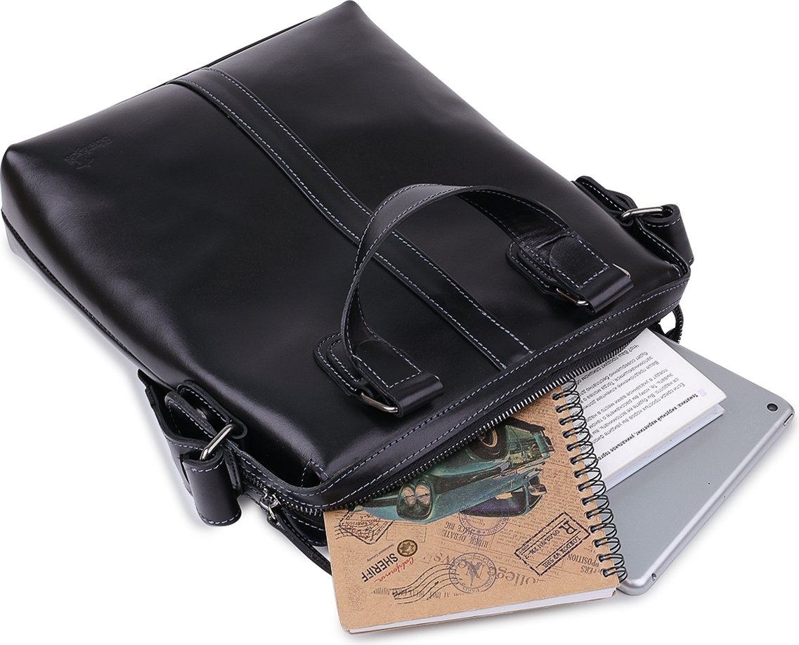 Кожаная мужская деловая сумка черного цвета с ручками Shvigel (11287)