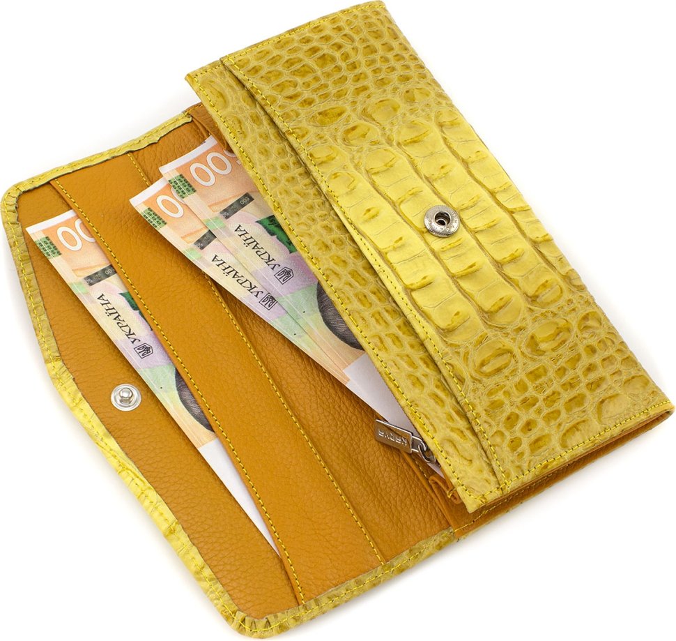 Довгий жіночий гаманець жовтого кольору з натуральної шкіри під рептилію KARYA (21054)