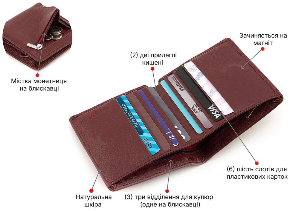 Шкіряний жіночий гаманець бордового кольору на магнітах ST Leather 1767261 фото №4 Шкіряний жіночий гаманець бордового кольору на магнітах ST Leather 1767261 modnotak фото №4