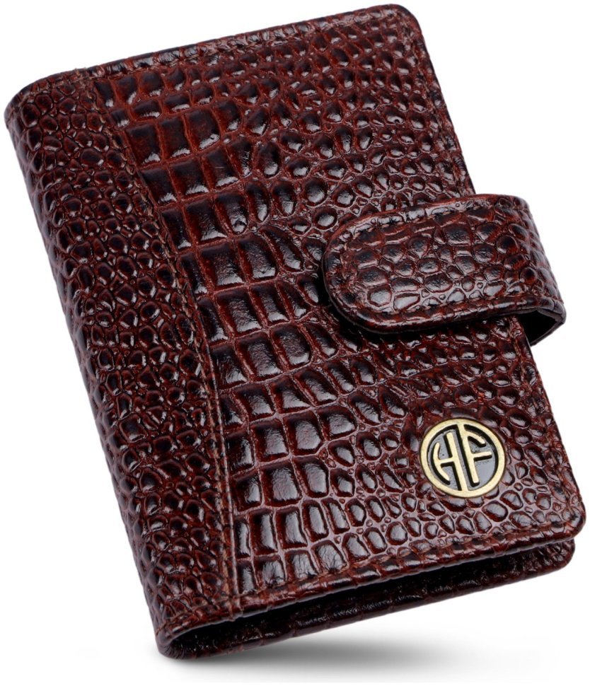 Кожаная визитница на кнопке с фактурной под крокодила Hammonds Flycatcher CC602 коричневая 108061 modnotak фото №1