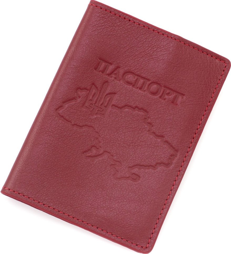 Червона обкладинка для паспорта з якісної італійської шкіри з принтом Карта України - Grande Pelle (21946)