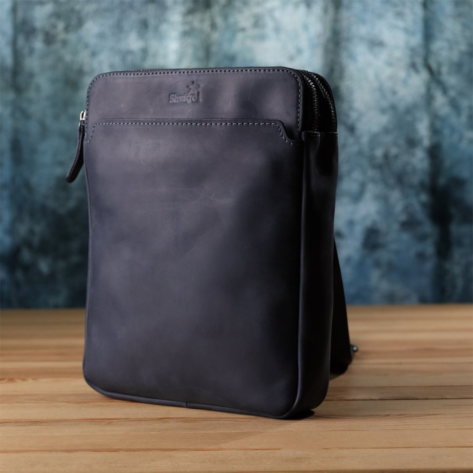 Винтажная мужская сумка через плечо с 2-мя основным отделением на молнии Shvigel синяя 108361 modnotak фото №8