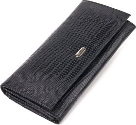 Горизонтальний жіночий гаманець чорного кольору з натуральної шкіри з тисненням CANPELLINI (2421653)