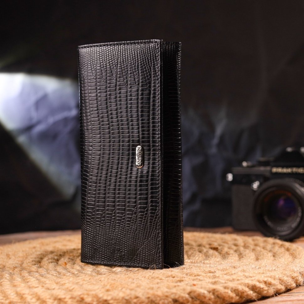 Горизонтальний жіночий гаманець чорного кольору з натуральної шкіри з тисненням CANPELLINI (2421653)