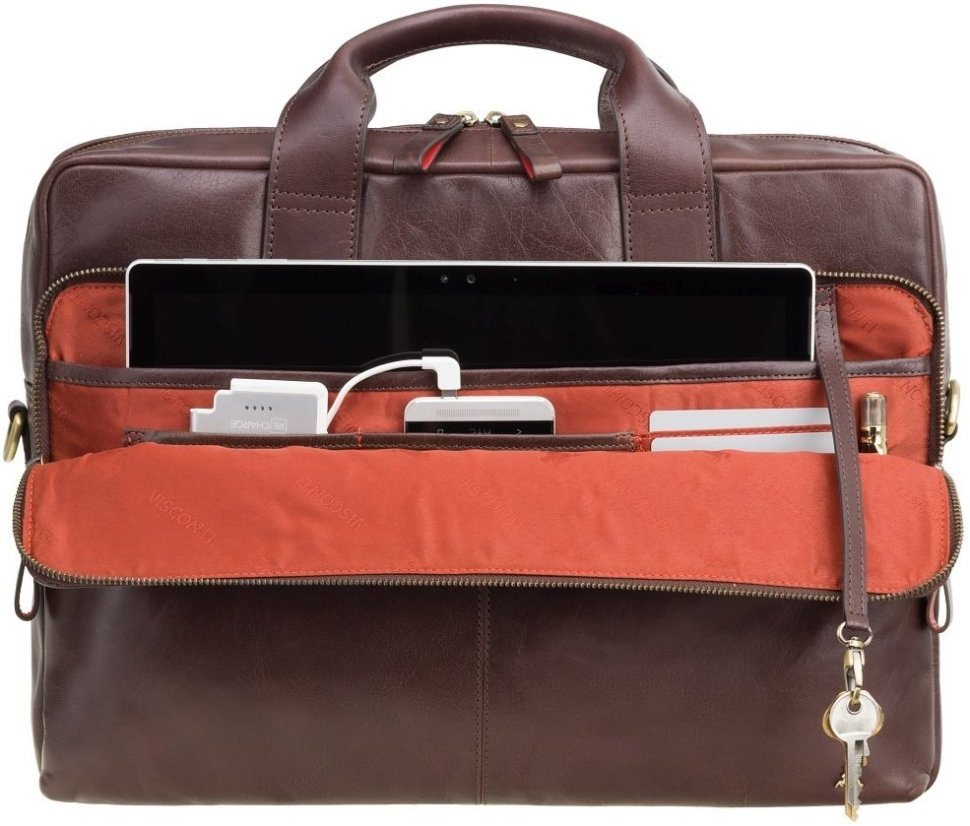 Велика шкіряна сумка коричневого кольору для ноутбука 15 дюймів Visconti Hugo 69061