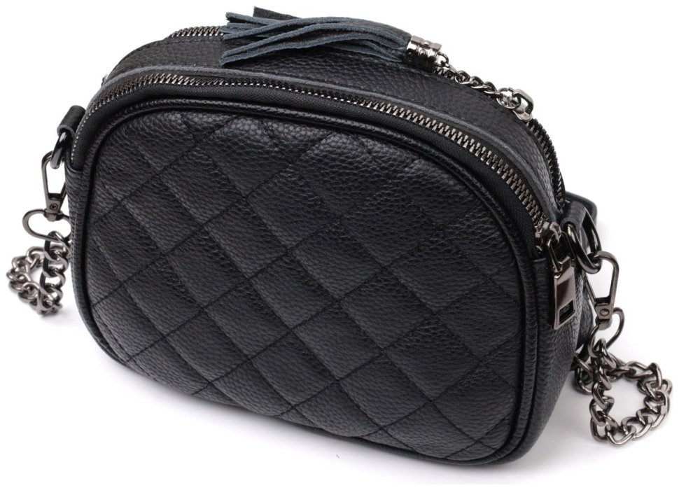 Стигана жіноча сумка з натуральної шкіри чорного кольору на два відділення Vintage 2422325