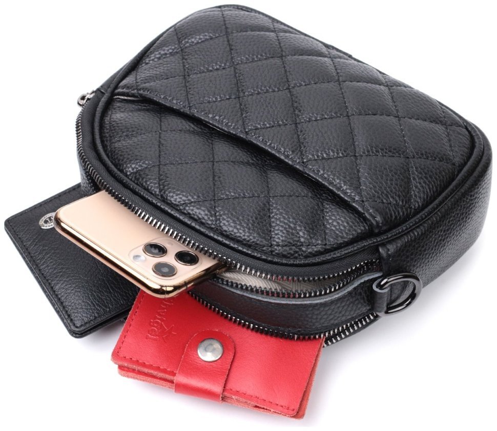 Стигана жіноча сумка з натуральної шкіри чорного кольору на два відділення Vintage 2422325