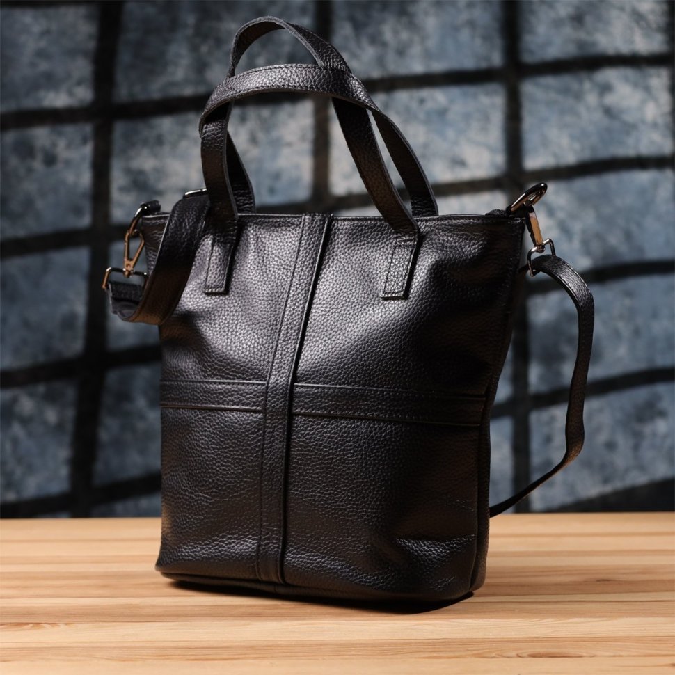 Вместительная женская сумка из фактурной кожи с ручками Vintage 103162 черного цвета modnotak фото №10