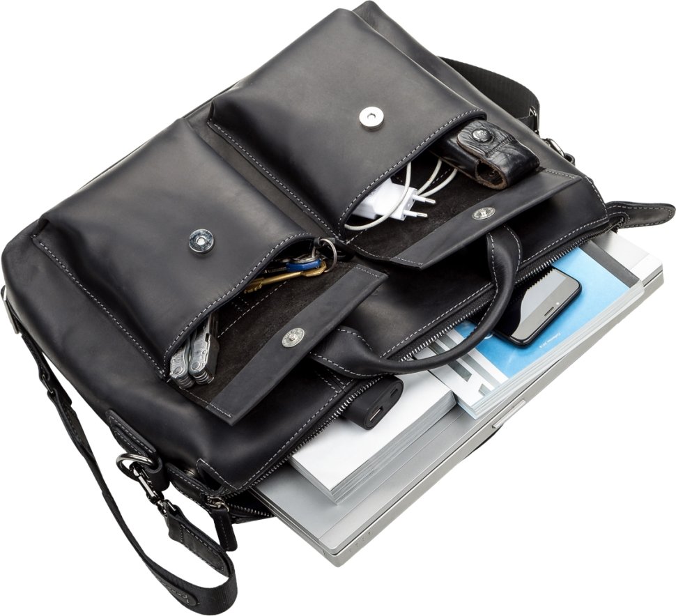 Чорна чоловіча шкіряна сумка для ноутбука у вінтажному стилі SHVIGEL (11111)