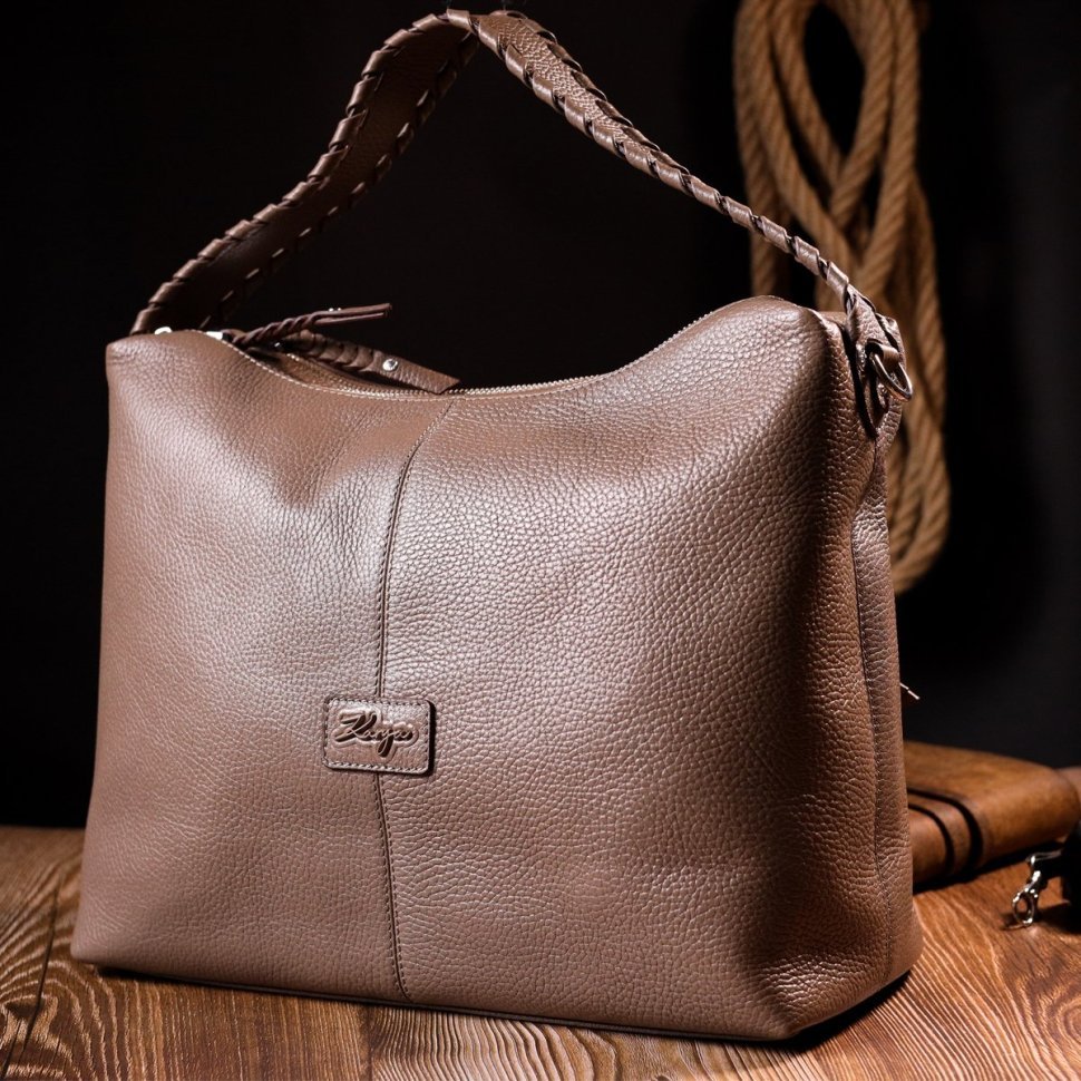 Велика шкіряна сумка жіноча коричневого кольору з однією лямкою KARYA (2420848)