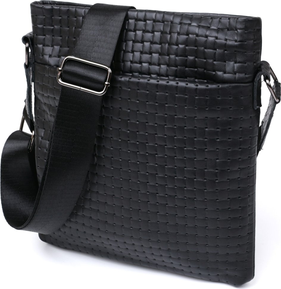 Чорна чоловіча сумка-планшет з натуральної шкіри з тисненням під плетінку SHVIGEL (11600)