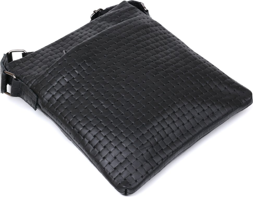 Черная мужская сумка-планшет из натуральной кожи с тиснением под плетенку SHVIGEL (11600)