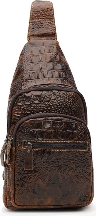 Чоловічий шкіряний слінг рюкзак коричневого кольору з фактурою під рептилію Keizer (21413)