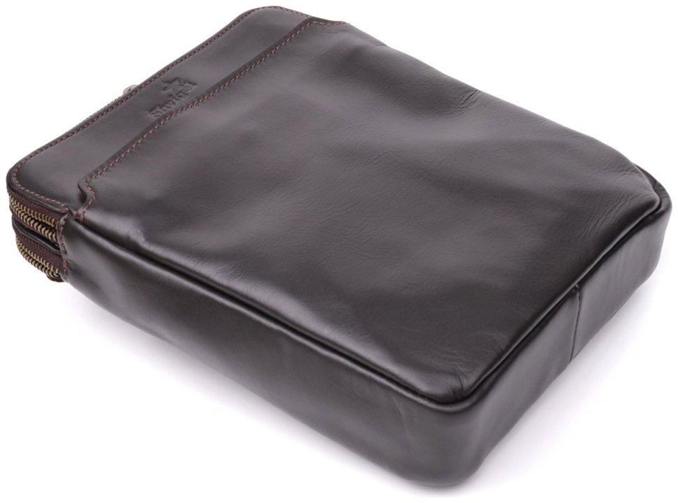 Мужская сумка на каждый день из гладкой кожи через плечо с 2-ми основными отделениями Shvigel коричневая 108362 modnotak фото №7