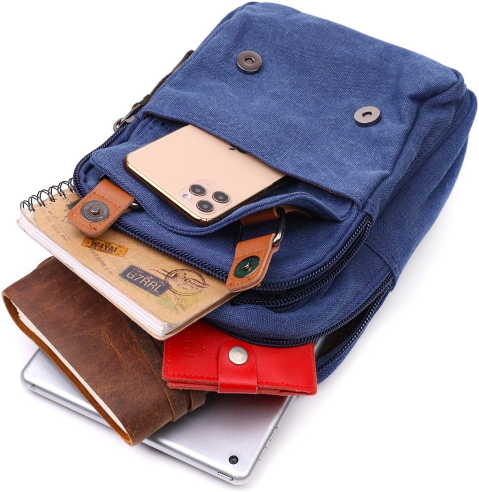 Синій чоловічий слінг-рюкзак із якісного текстилю на дві блискавки Vintage 2422165