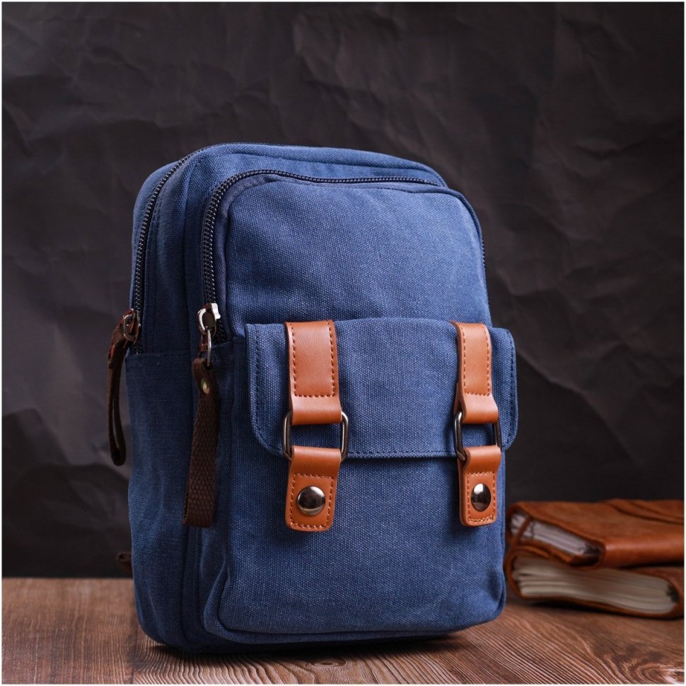 Синій чоловічий слінг-рюкзак із якісного текстилю на дві блискавки Vintage 2422165