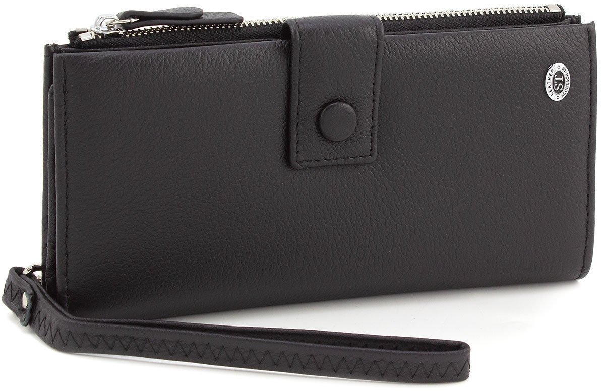 Чорний шкіряний купюрник вертикального типу на хлястику з кнопкою ST Leather (15384)