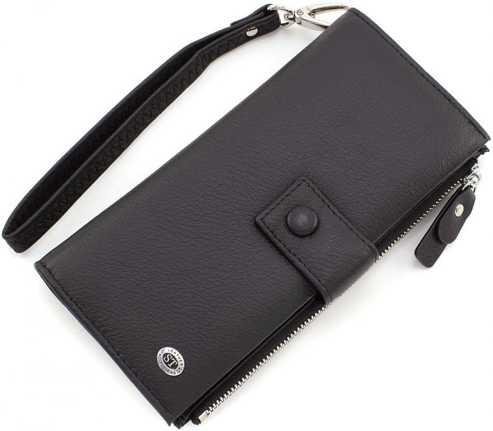 Чорний шкіряний купюрник вертикального типу на хлястику з кнопкою ST Leather (15384)