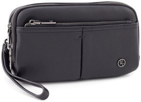 Шкіряна чоловіча барсетка чорного кольору на дві блискавки HT Leather 79462