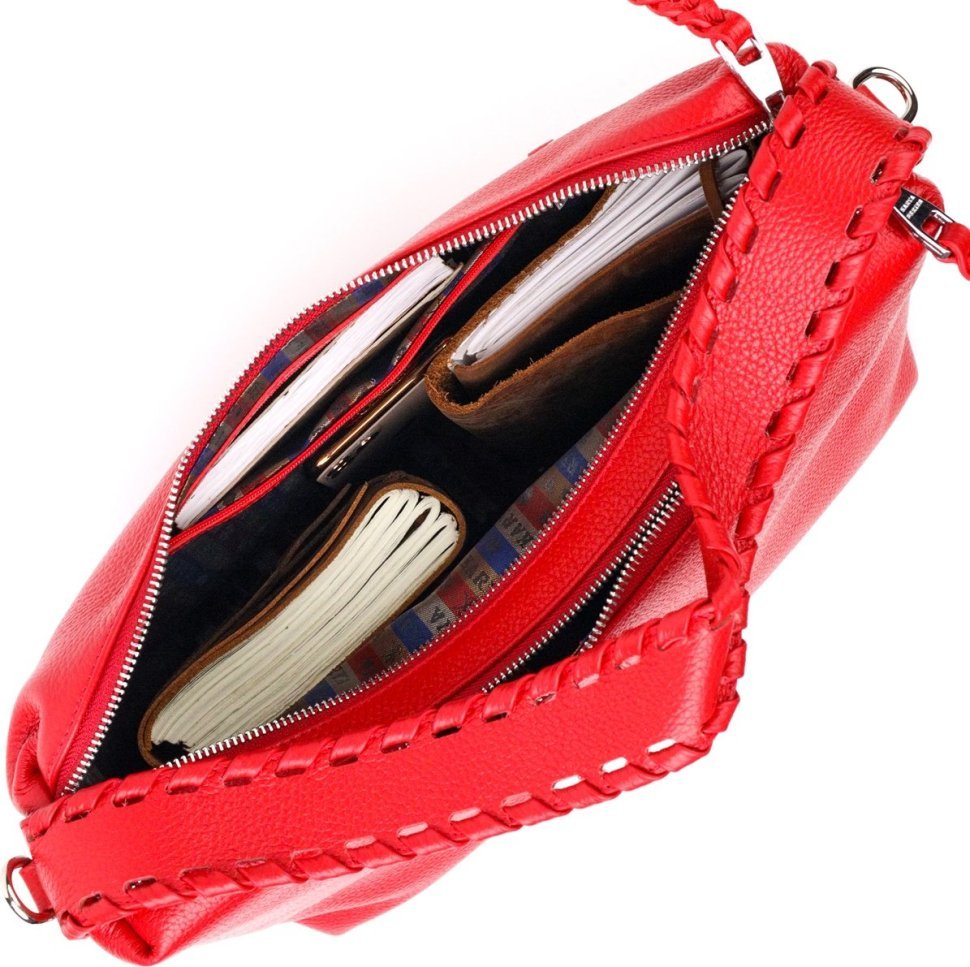 Вместительная кожаная женская сумка красного цвета на две молнии KARYA (2420849)