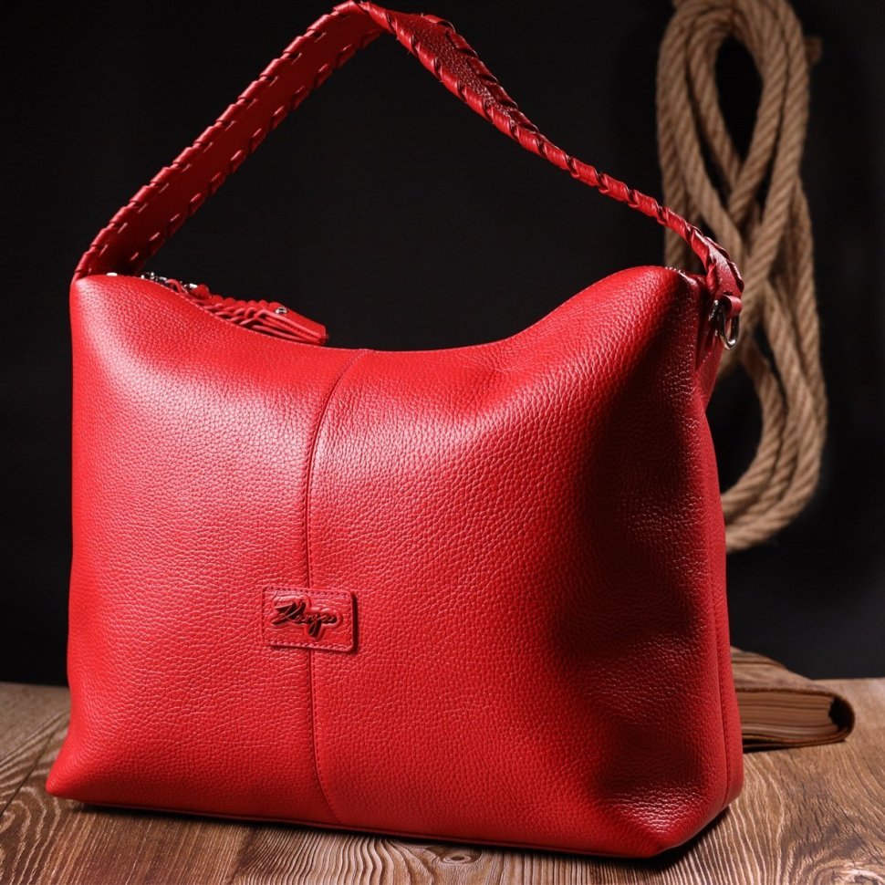 Містка шкіряна сумка жіноча червоного кольору на дві блискавки KARYA (2420849)