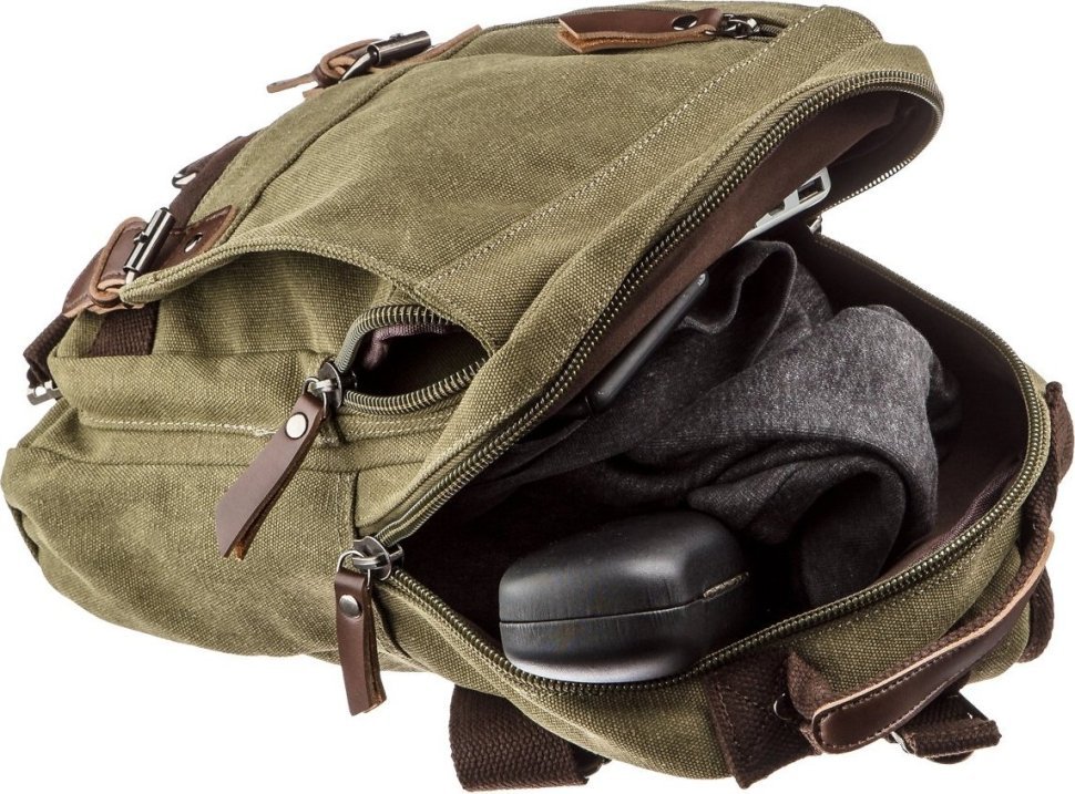 Оливкова сумка-рюкзак з текстилю на одне плече Vintage (20141)