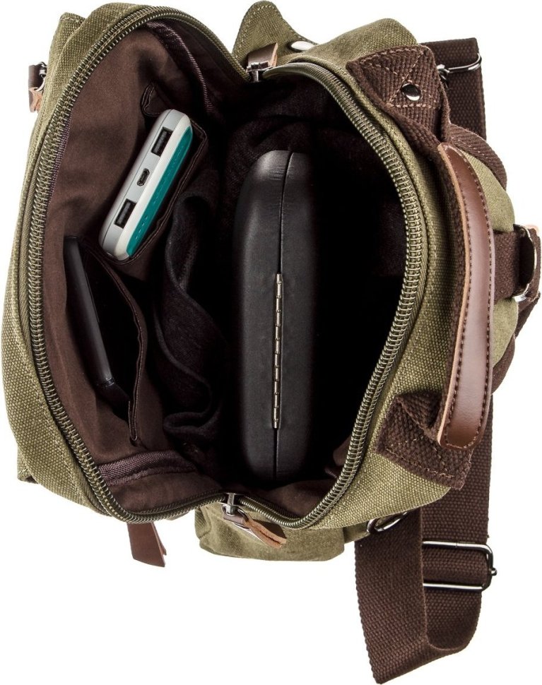 Оливковая сумка-рюкзак из текстиля на одно плечо Vintage (20141)