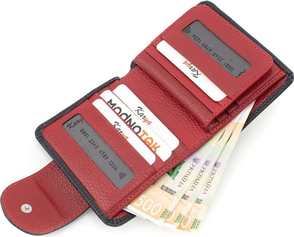 Шкіряний жіночий гаманець компактного розміру в чорно-червоному кольорі KARYA (55863)