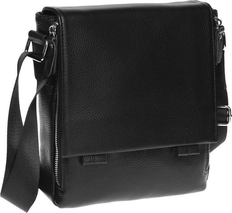 Средняя мужская кожаная сумка черного цвета с ремешком на плечо Borsa Leather (56963)