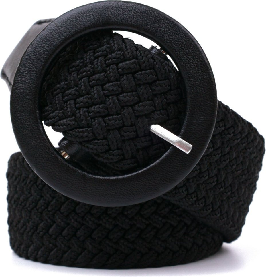 Женский текстильный ремень черного цвета с круглой пряжкой Vintage (2420821)
