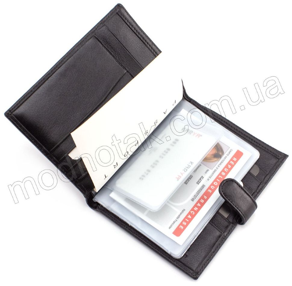 Черный кожаный кошелек под документы и паспорт KARYA (0914-45)