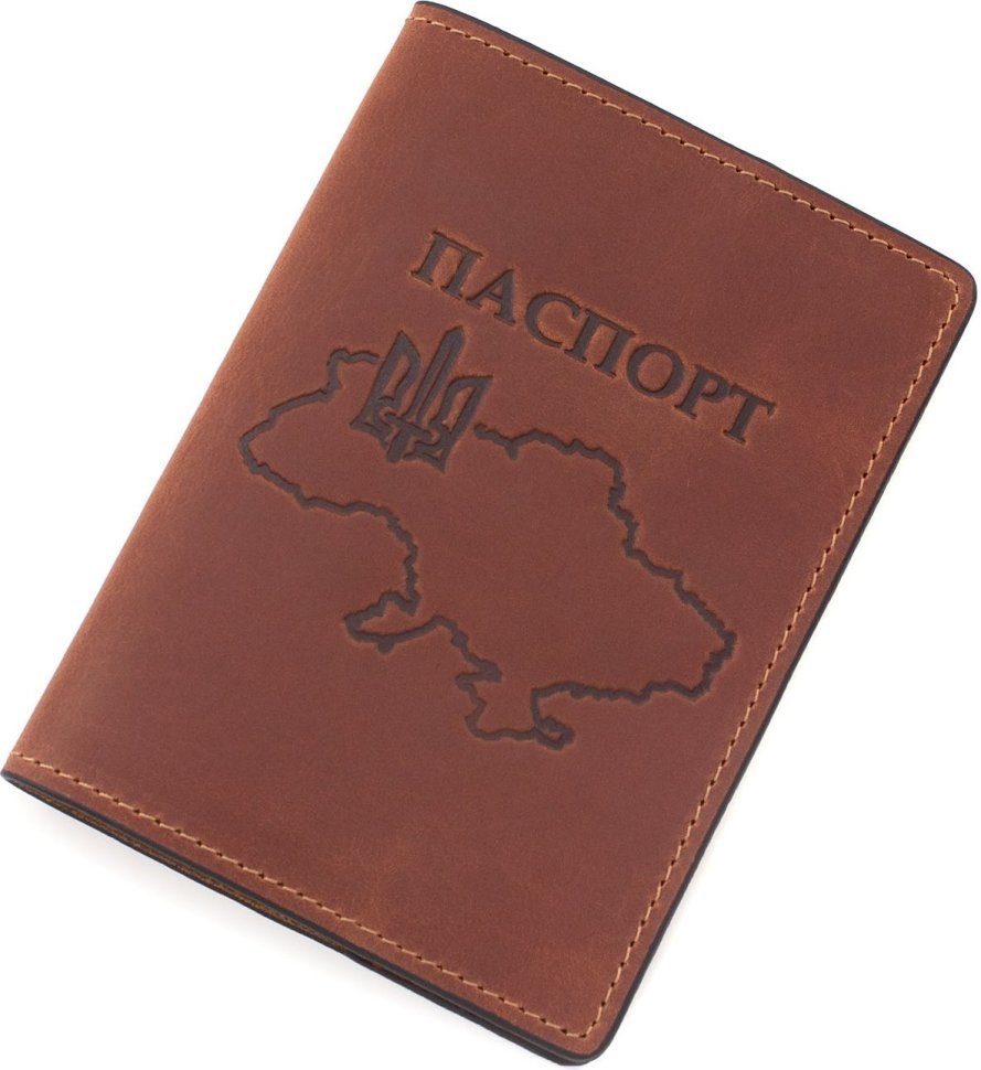 Вінтажна обкладинка для паспорта у світло-коричневому кольорі з картою України - Grande Pelle (21958)