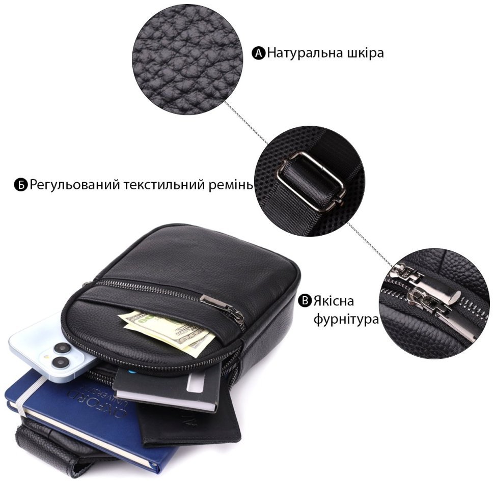 Вместительная мужская слинг сумка на каждый день черного цвета Vintage 98163 фото №4 Вместительная мужская слинг сумка на каждый день черного цвета Vintage 98163 modnotak фото №4