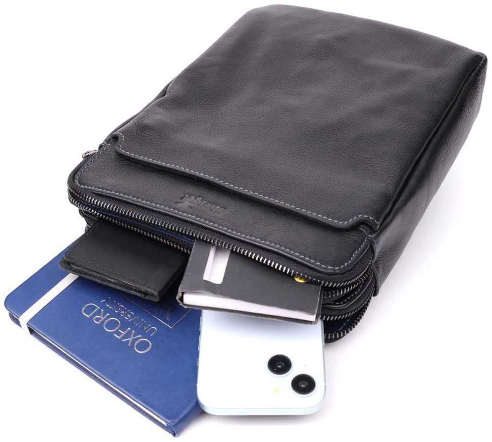 Сумка планшет для мужчин из зернистой кожи черно цвета через плечо Shvigel 108363 modnotak фото №8