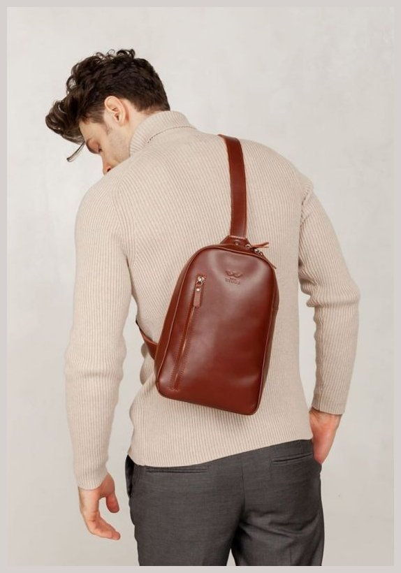 Мужская вертикальная сумка-слинг из гладкой кожи светло-коричневого цвета BlankNote Chest bag 78963 фото №2 Мужская вертикальная сумка-слинг из гладкой кожи светло-коричневого цвета BlankNote Chest bag 78963 modnotak фото №2