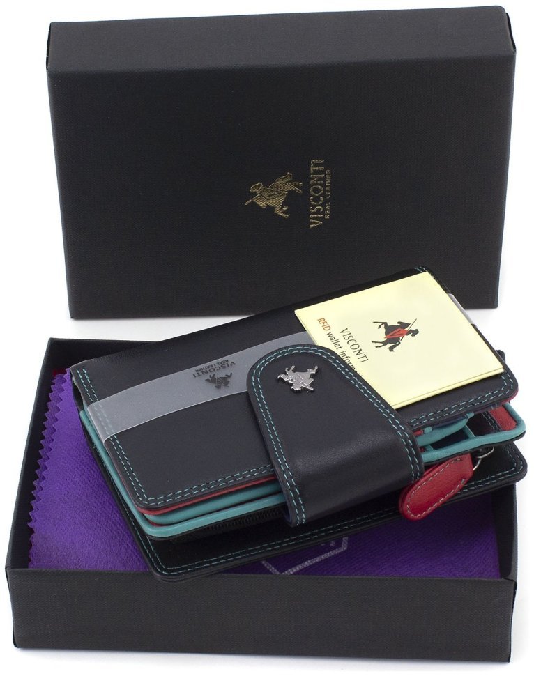 Вертикальный женский кошелек из высококачественной натуральной кожи черного цвета с бирюзовой строчкой Visconti Poppy 69063